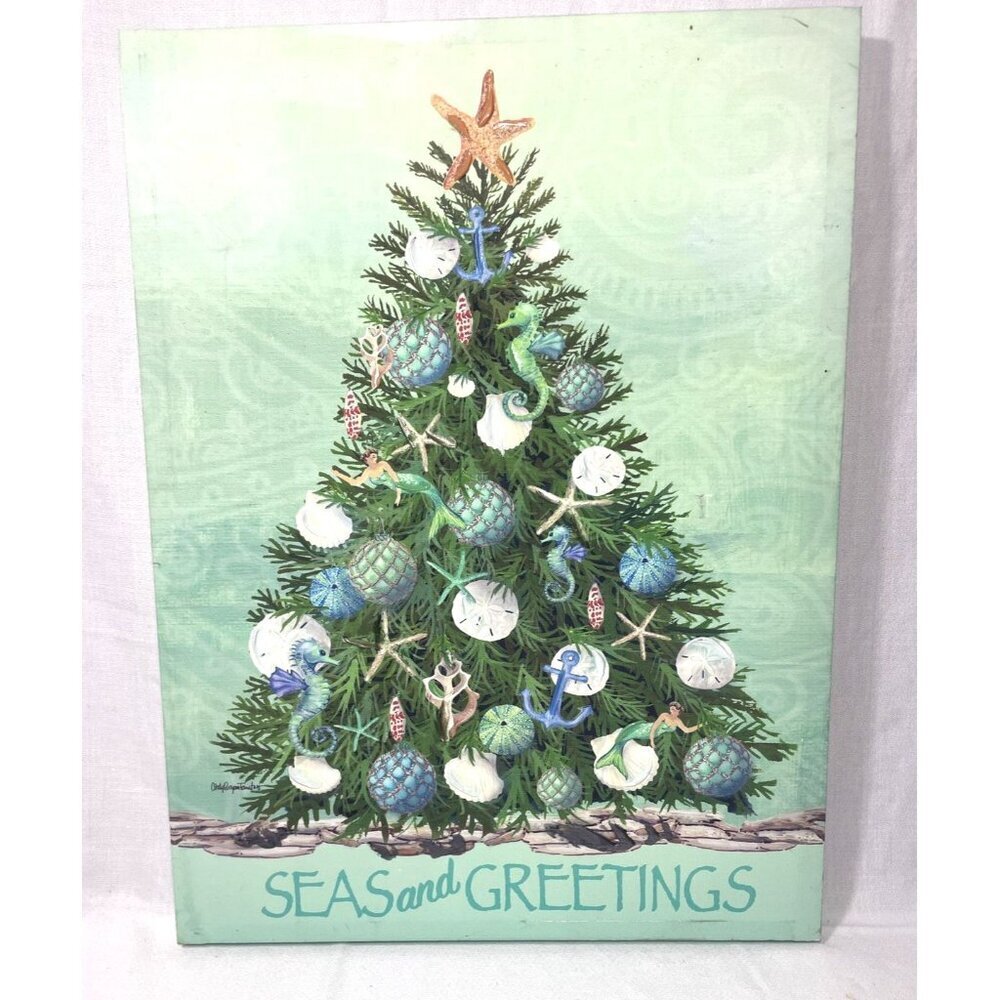 Coastal Christmas Wall Art "Seas and Greetings" Beach Tree Sign 18x12 Picture